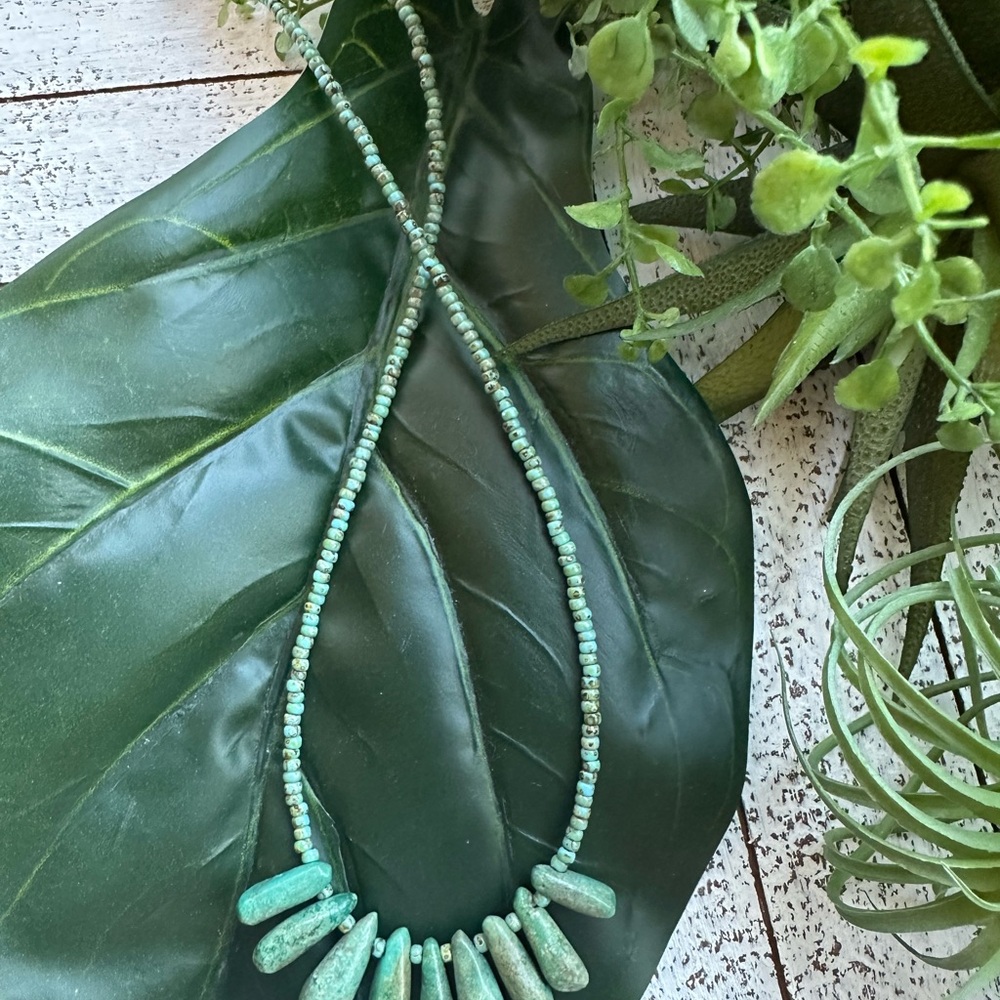 Turquoise Blue Green Beaded Silver Necklace